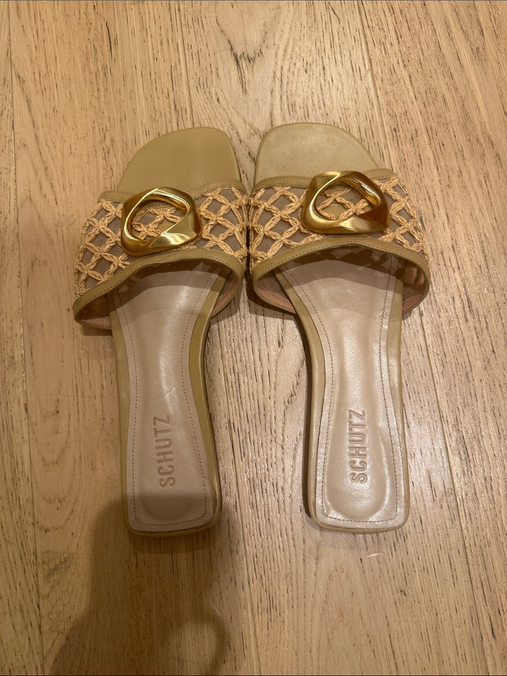 SCHUTZ Tan Woven Slide Sandals with Gold Buckle